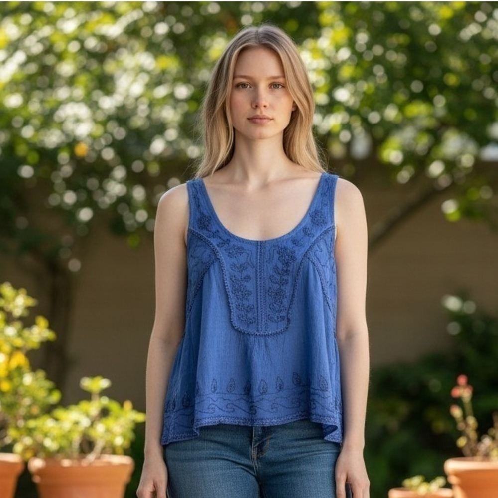 Rhea Blue Embroidered Boho Sleeveless Tank Top Viscose Flowy Peasant Top